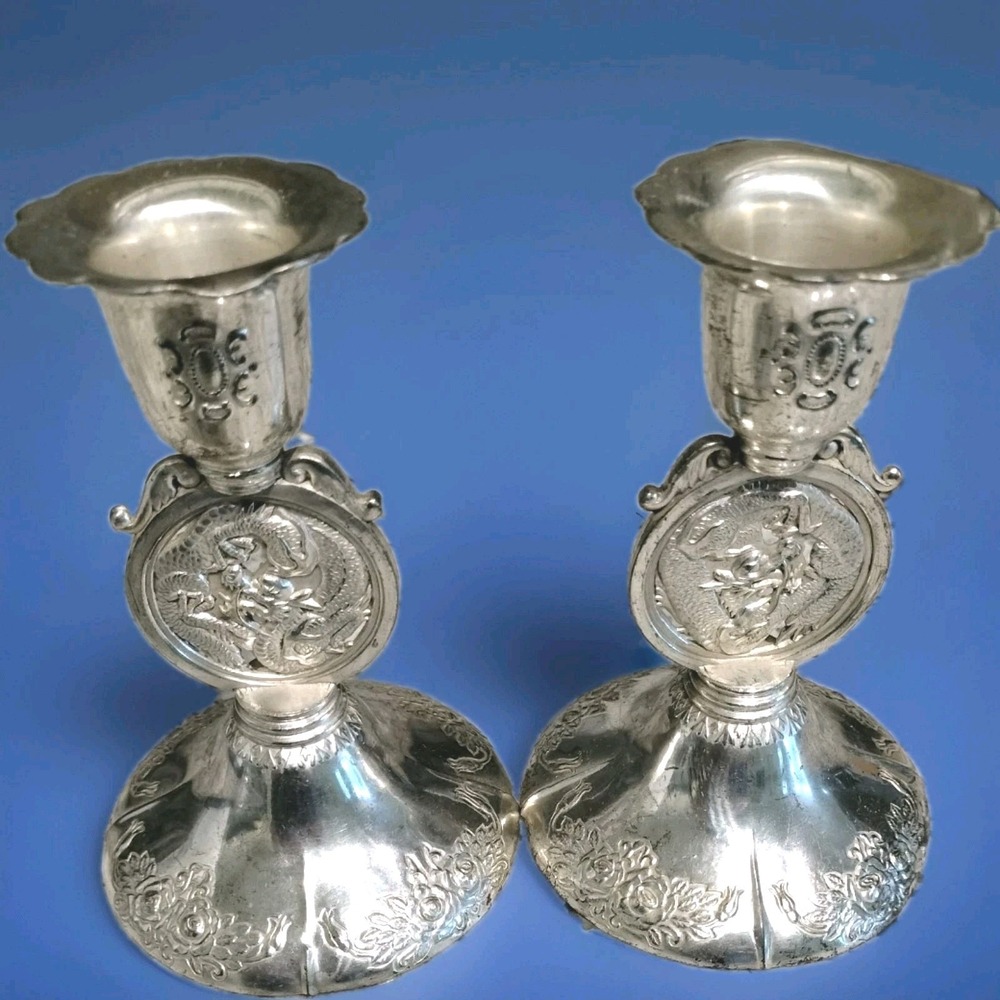 Vintage Rare Occupied Japan Silver Plated Dragon Medallion Candlesticks Pair